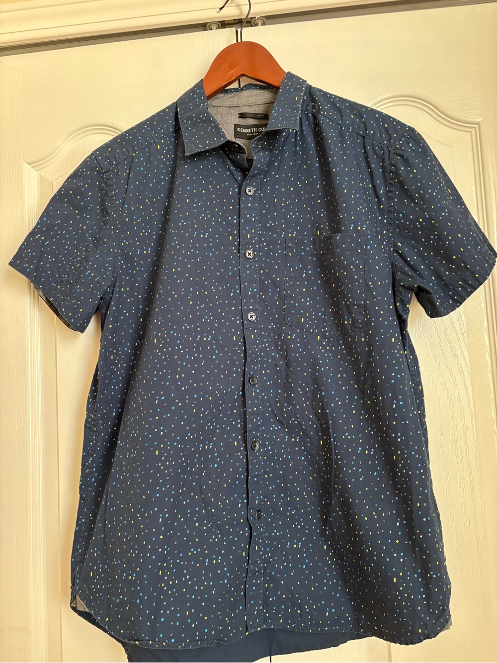 Kenneth Cole Navy Short-Sleeve Button-Down with Micro Dot Print medium